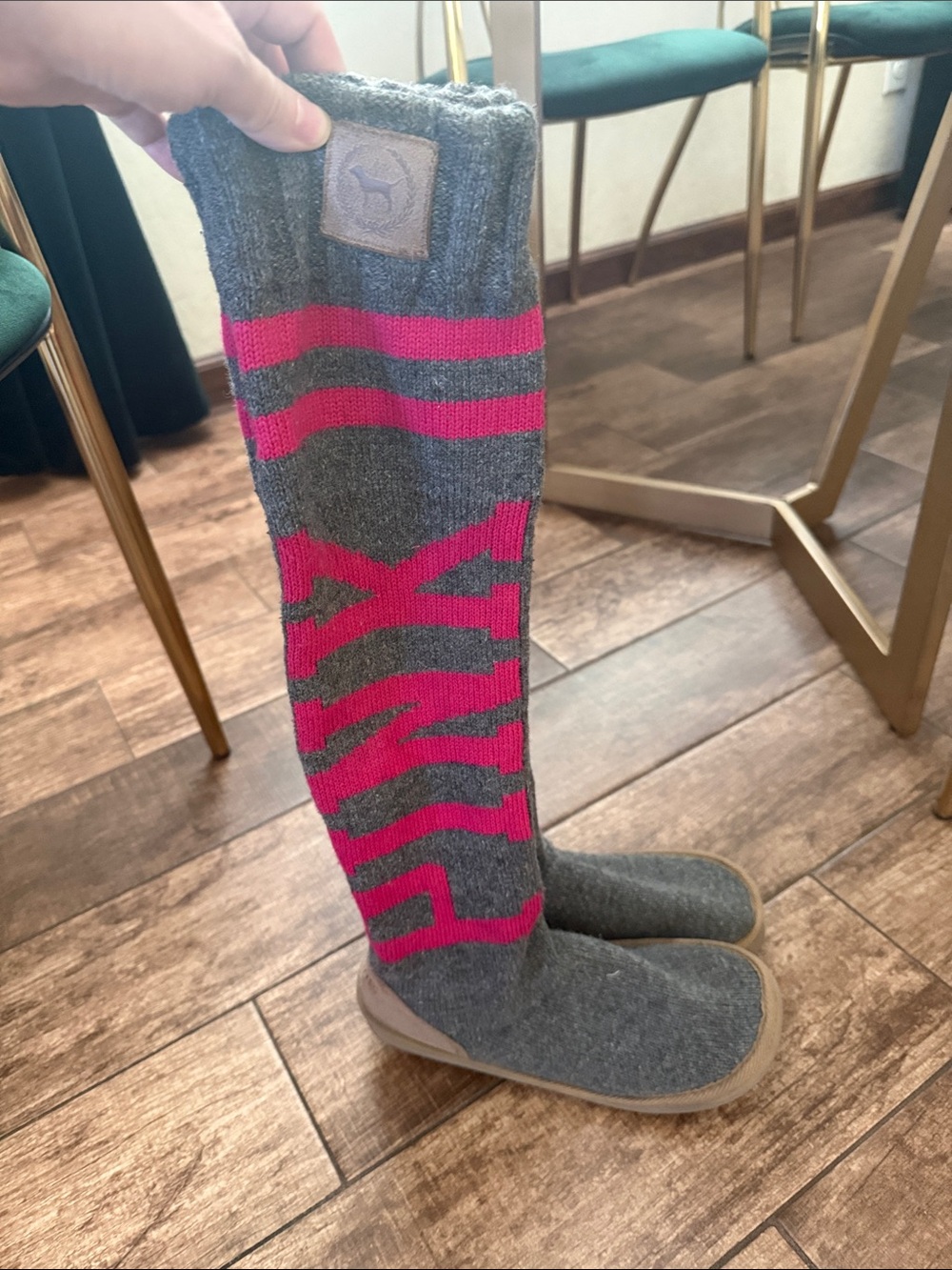 PINK Victoria's Secret Gray Knit Knee-High Slipper Boots with Hot Pink Logo